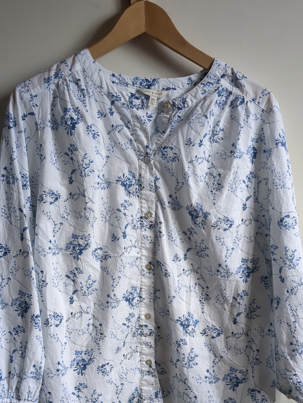 Lucky Blouse Blue white Floral Long Sleeve Boho Peasant Cotton Medium